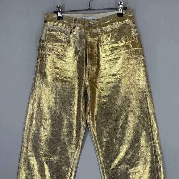 Zara Women Gold Jeans Size 4 Metallic Straight Leg Pant 32" - Picture 2 of 8